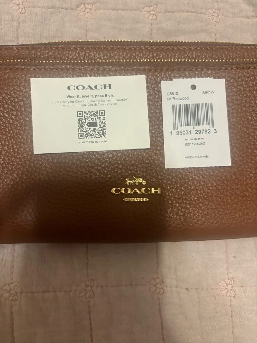 COACH Tan Pebbled Leather Zip Wristlet with Gold Logo